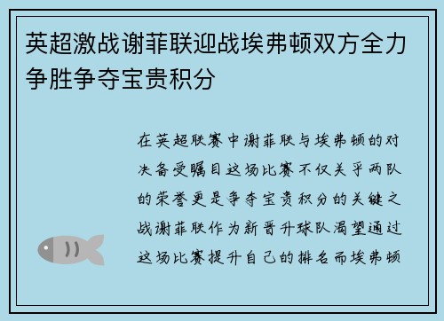 英超激战谢菲联迎战埃弗顿双方全力争胜争夺宝贵积分